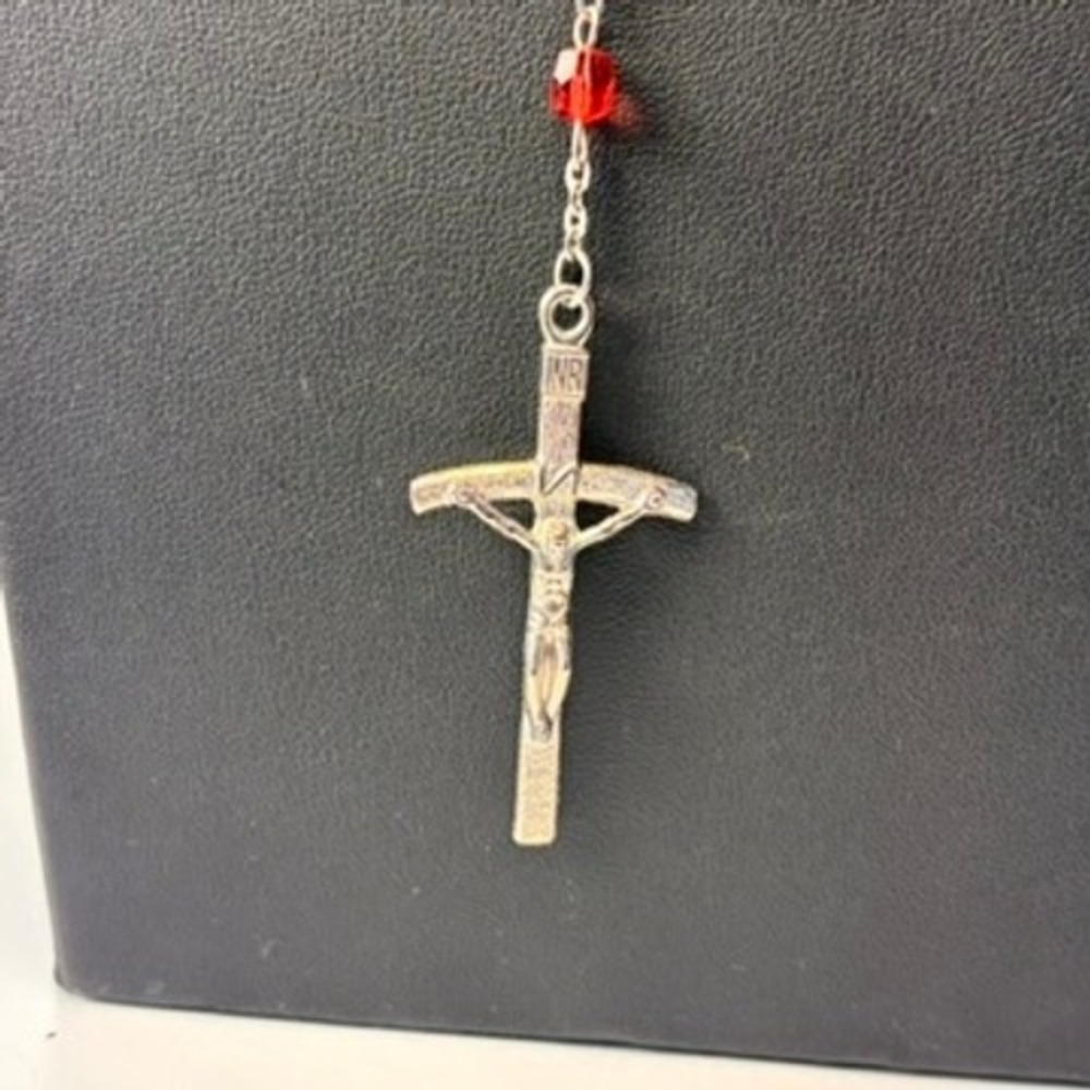 Vintage Rosary Necklace Red Crystal Beads Silver Tone Crucifix Religious Goth - Picture 3 of 7
